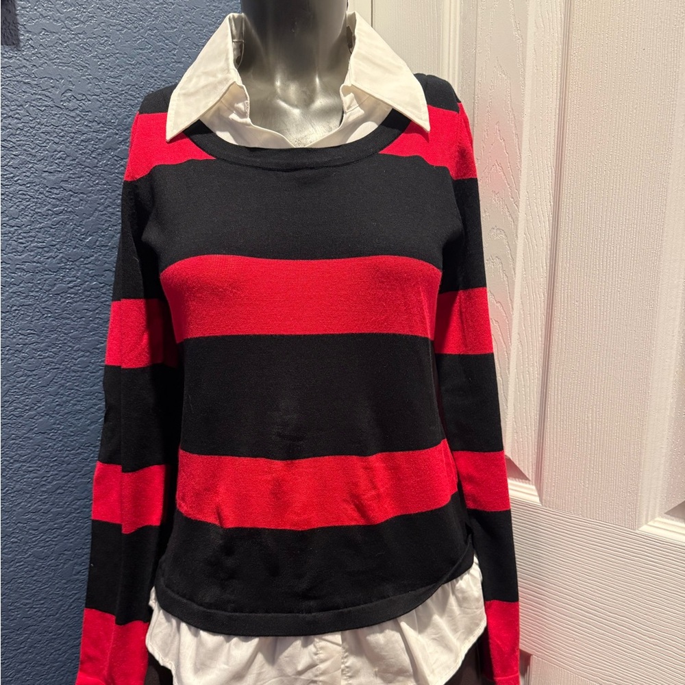 INC International Concepts Red and Black Striped V-Neck Sweater with White Shirt